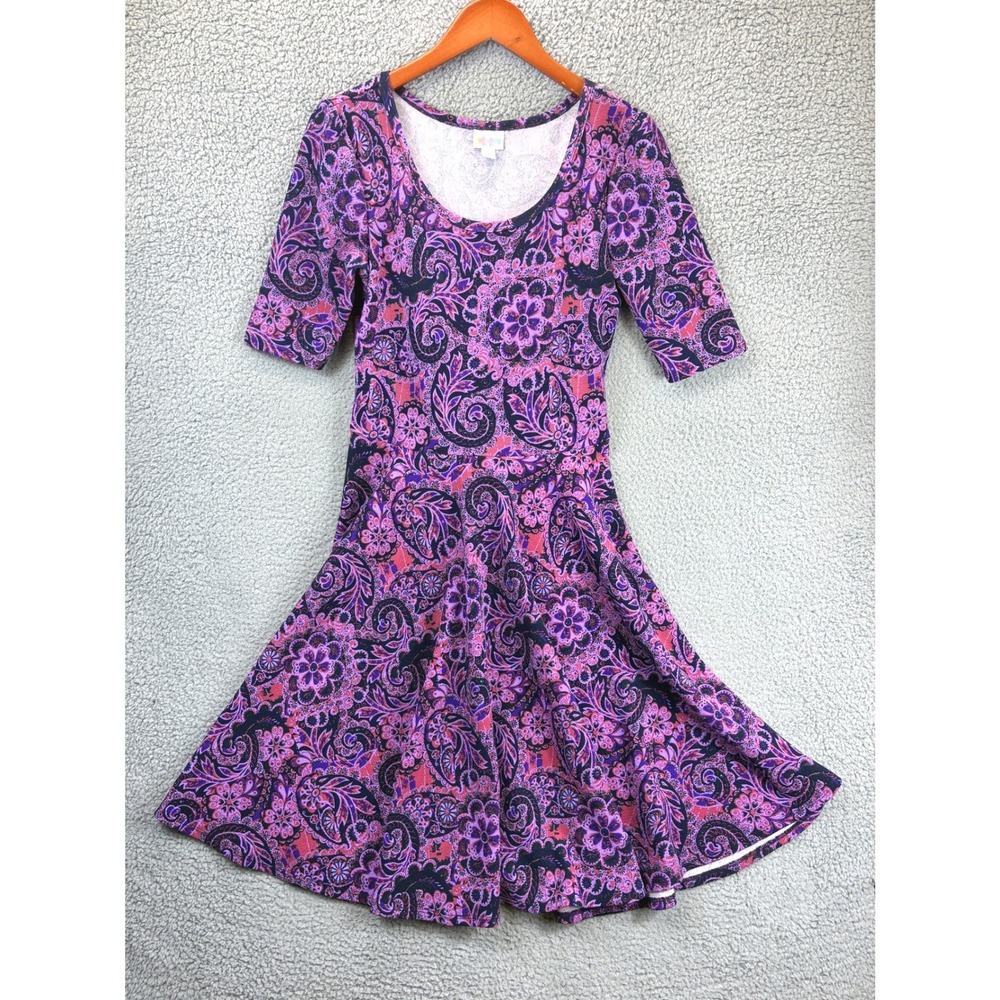 LuLaRoe Nicole Fit Flare Dress Womens L Purple Floral Paisley Stretch Casual